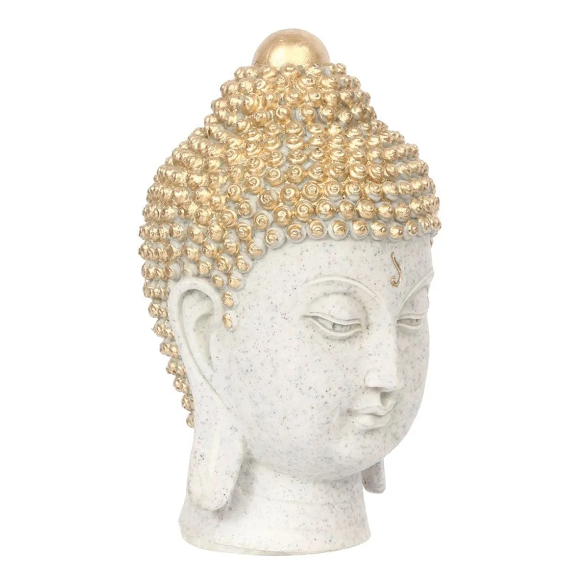Side angle of white and gold Buddha head idol