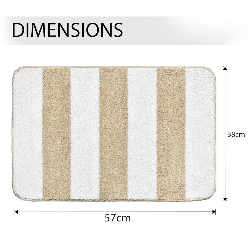 Beige and white striped rectangular bath mat shown with dimension arrows