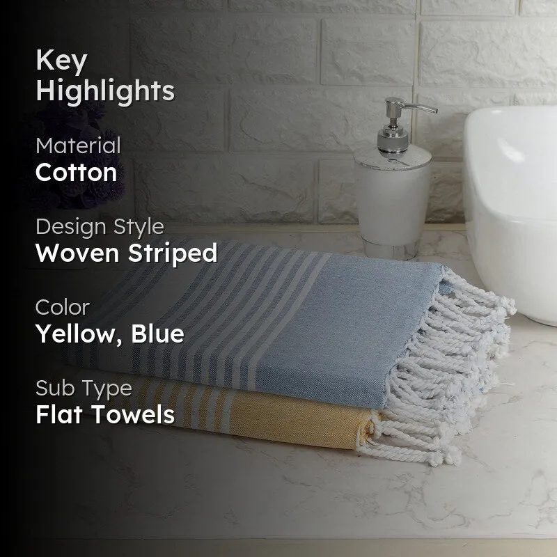 Loomera Striped Cotton Bath Towels (Yellow & Light Blue) - Set Of Two media 2
