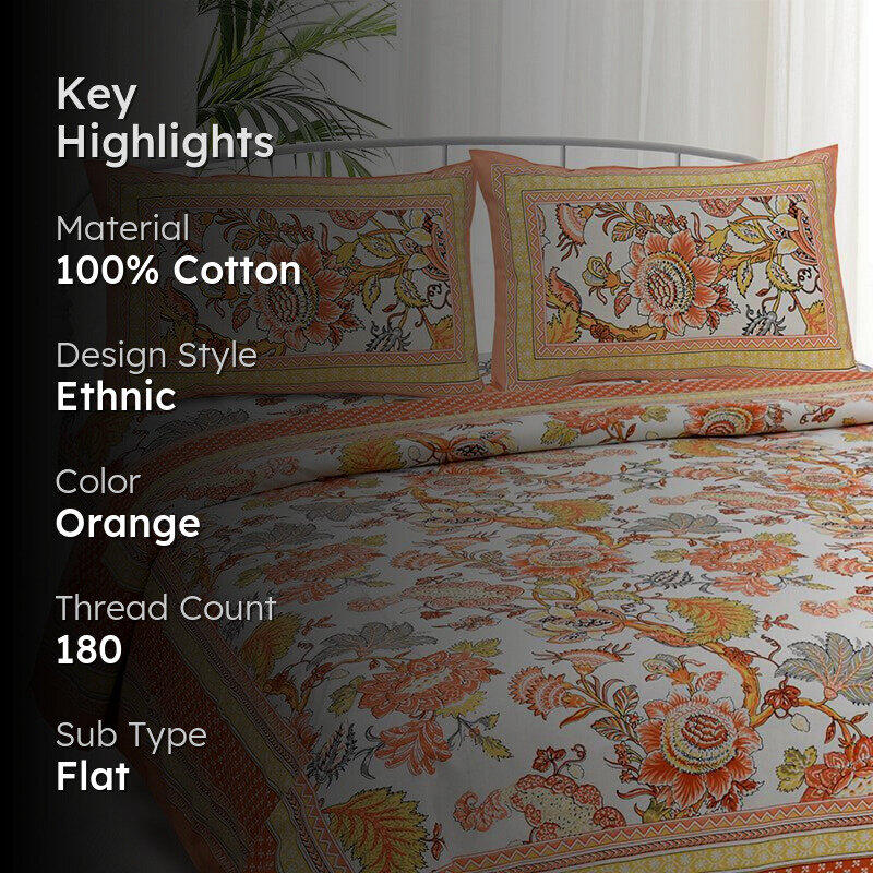 Panna Floral Cotton Bedsheet (Orange) - 180 TC media 2