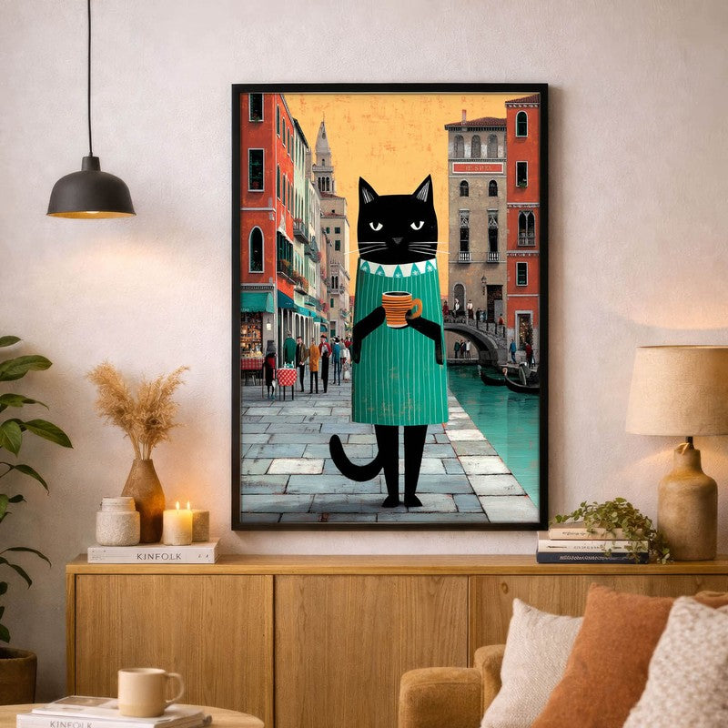 Venice Brew Cat Wall Painting With Frame