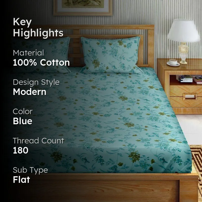 Floral Fun Cotton Bedsheet (Cyan) - 180 TC media 2