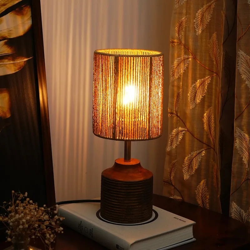 Reedcraft Cotton Table Lamp Wooden Base - Beige,Brown media 1