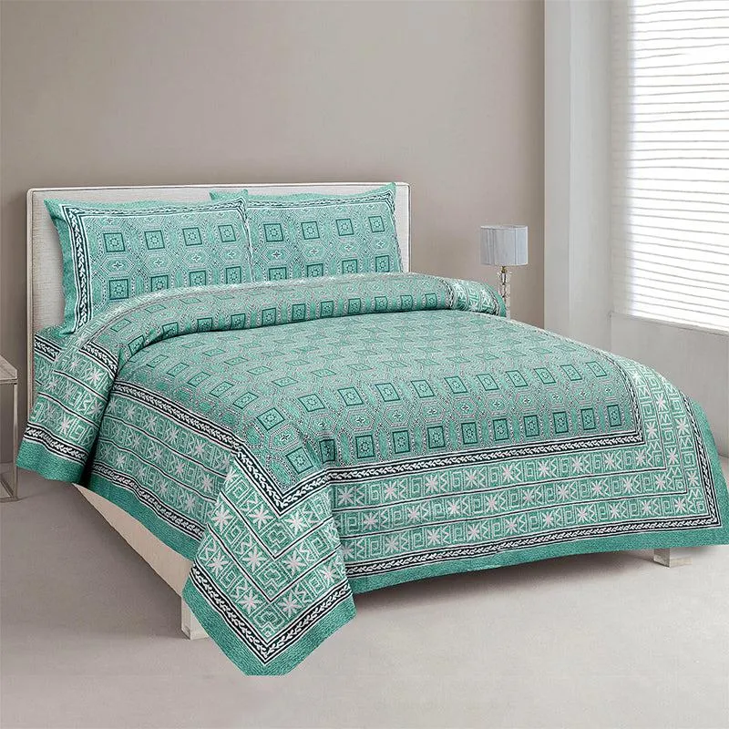Shara Ethnic Cotton Bedsheet (Green) - 180 TC media 1
