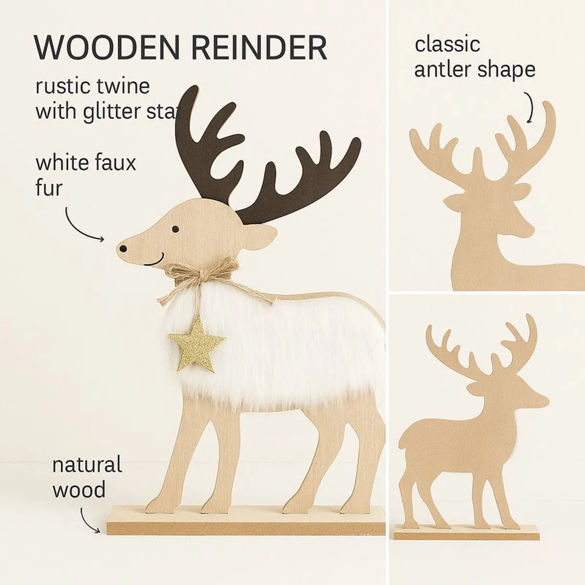 Collage showing the wooden reindeer showpiece and close views of its antler silhouette
