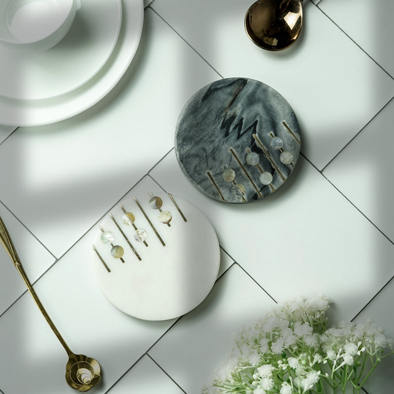 Pearl Charm Marble Coaster With Brass Inlay (Grey, White) - Set Of Two