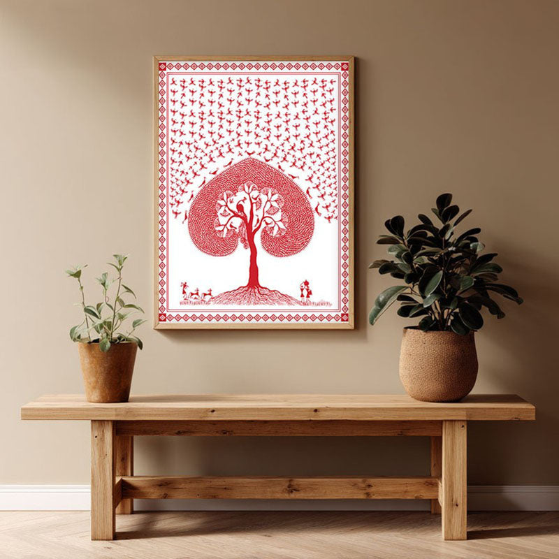 Rosy Grove Framed Warli Canvas Archival Canvas Wall Painting - Natural Brown Frame