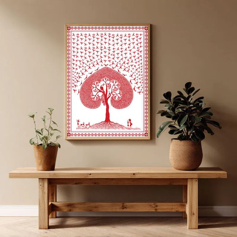 Rosy Grove Framed Warli Canvas Archival Canvas Wall Painting - Natural Brown Frame media 1