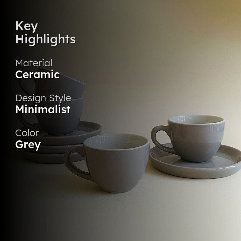 Blush & Brew Ceramic Cup & Saucer (Grey/100 mL Each) - Set of Four media 2