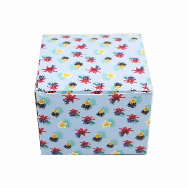Light blue box with a colourful floral pattern