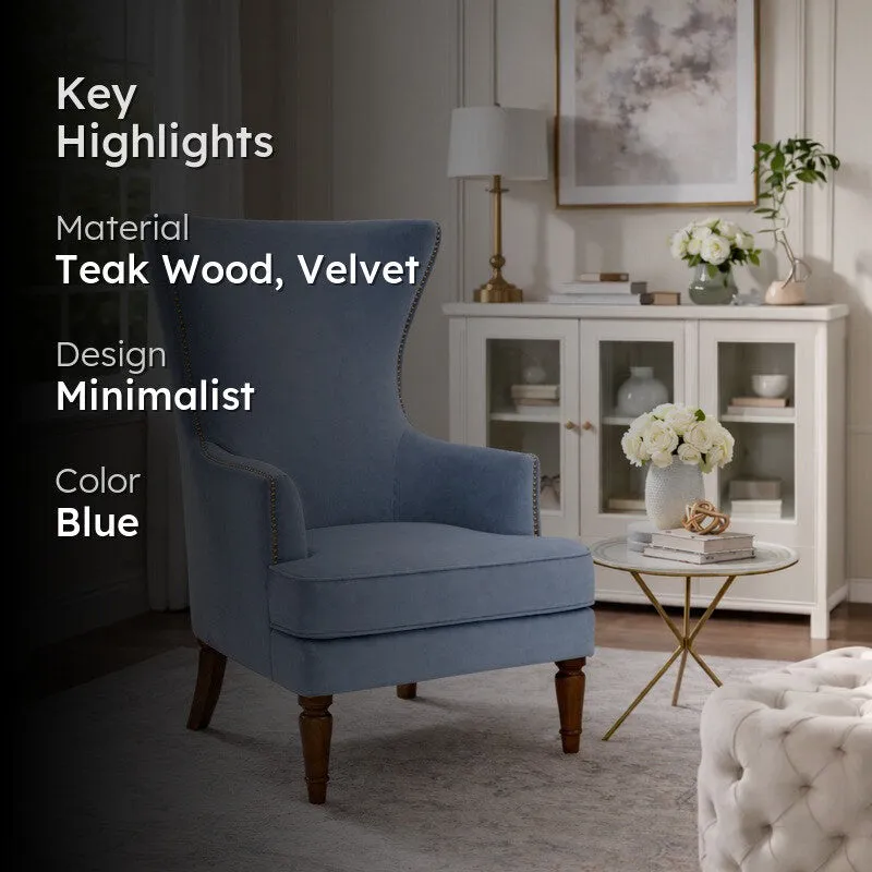 Elysian Teak Wood & Velvet Regal Lounge Chair - Blue media 2