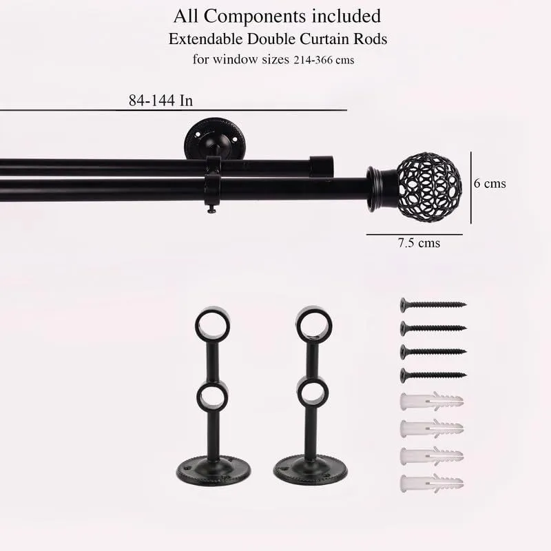 Intricate Duo Extendable 1" Double Curtain Rods With Round Finial & Brackets media 5