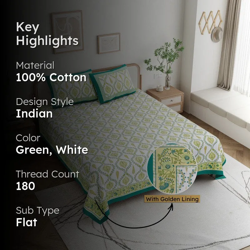 Ambi Bliss Cotton Bedsheet (White,Green) - 180 GSM media 2