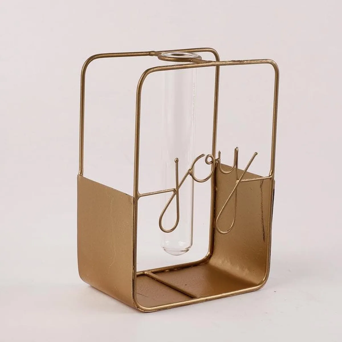 Gold-toned rectangular testube planter with joy lettering detail