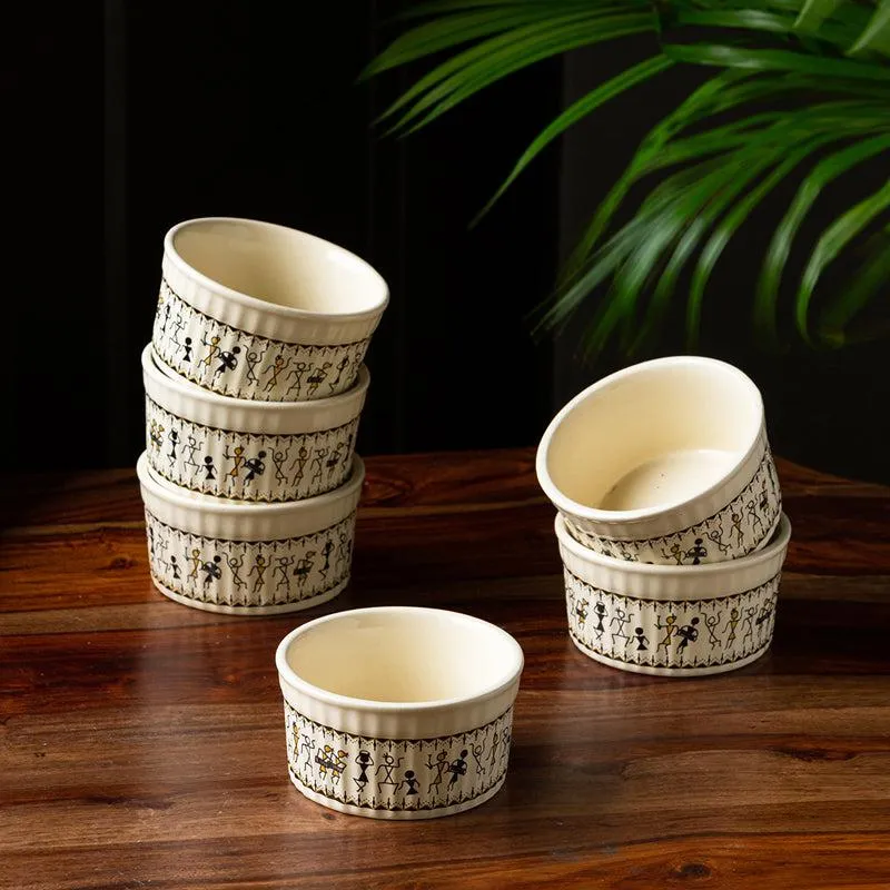Warli Whirls Handcrafted Ceramic Bowls (180 ML) - Set Of Six media 1