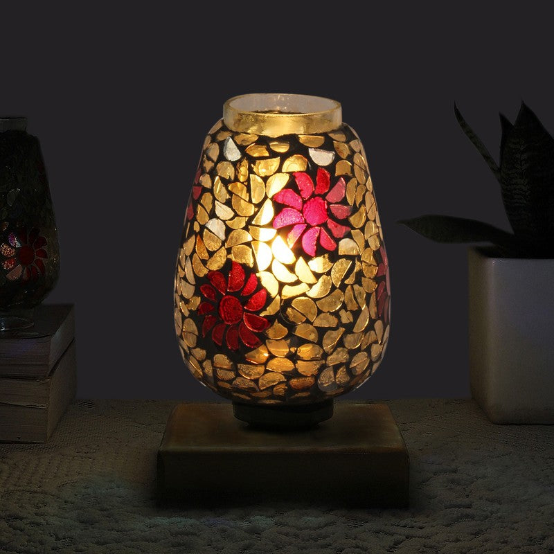 Glowfrost Mosaic Glass Table Lamp With Wooden Base - Multicolor