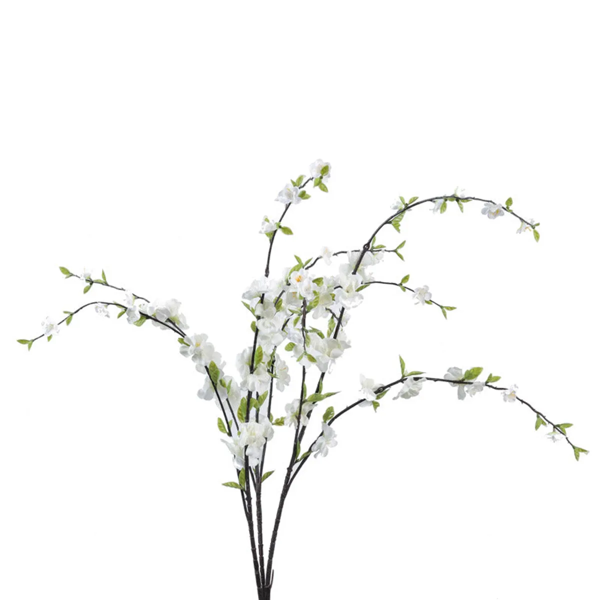 Single white cherry blossom artificial flower stick with branching stems on a plain background