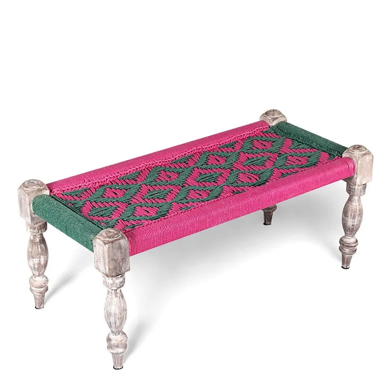 Foxen Sheesham Wooden Bench - Green,Pink media 3
