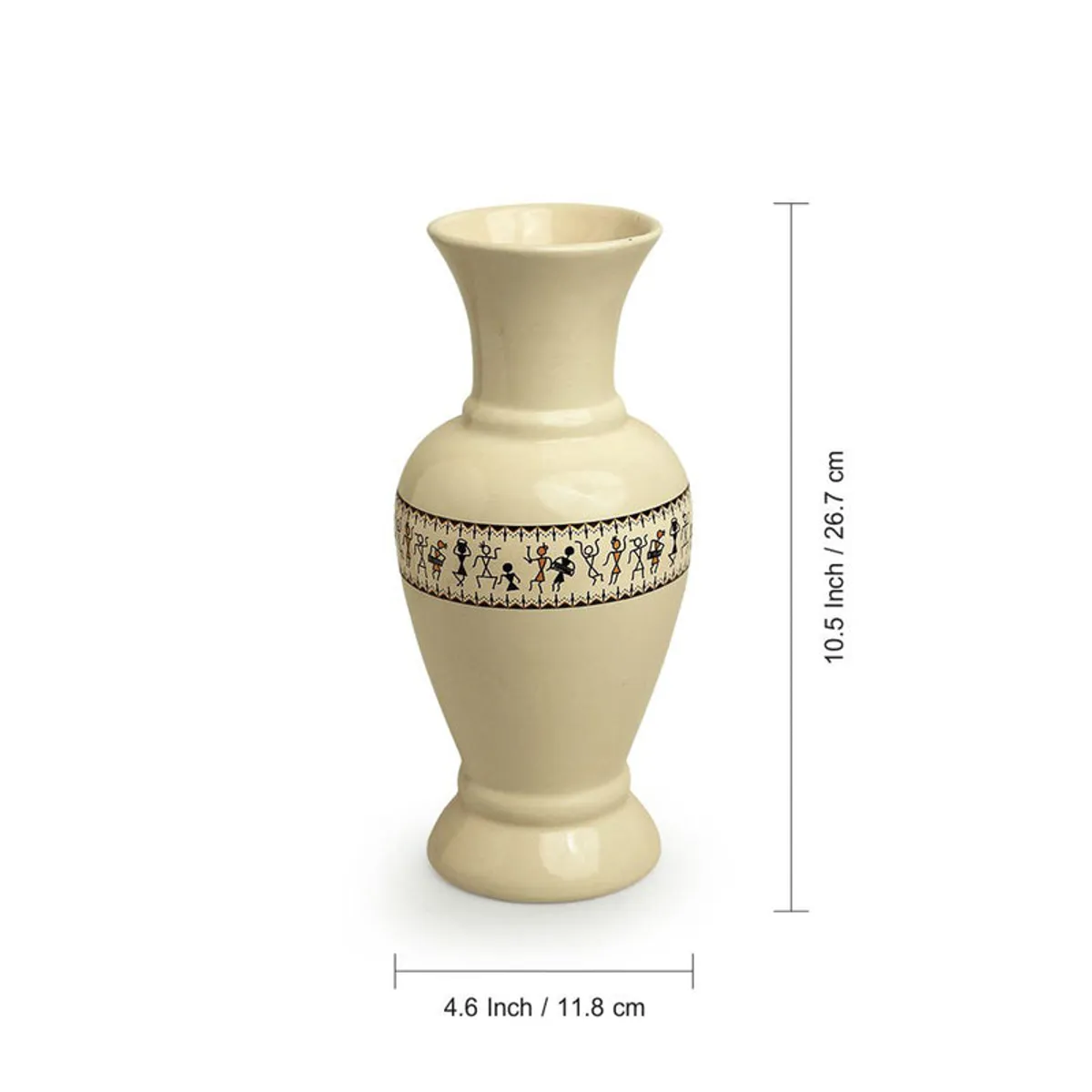 White ceramic vase with Warli border shown with size markings
