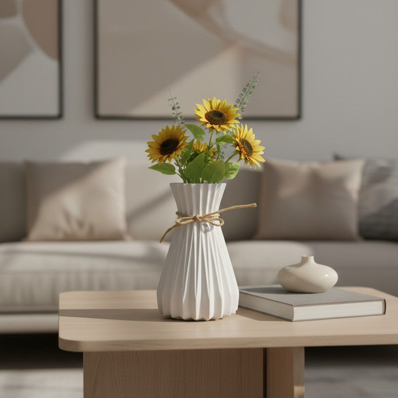 Cordia Ribbed Ceramic Vase With Jute Tie - Ivory