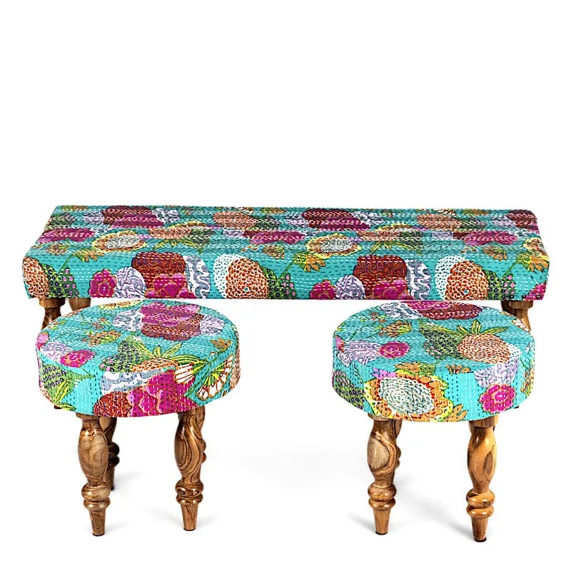 Axino Sheesham Wooden Bench with Stools (Green) - Three Piece Set media 3