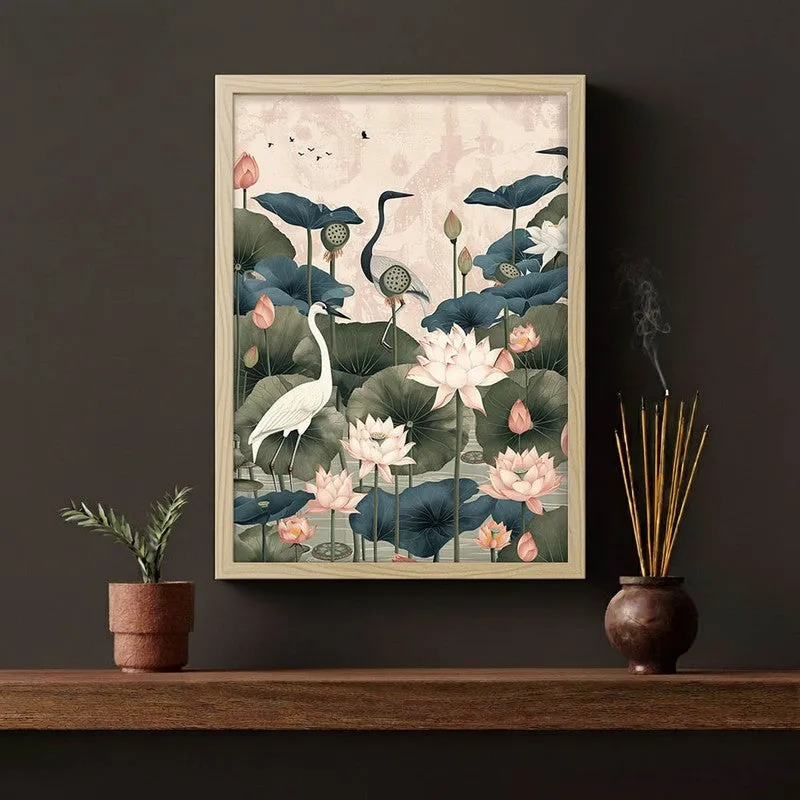 Lotus Garden Birds Canvas Wall Painting With Brown Frame media 7