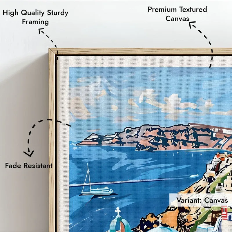 Vintage Santorini Framed Canvas Archival Canvas Wall Painting - Natural Brown Frame media 6