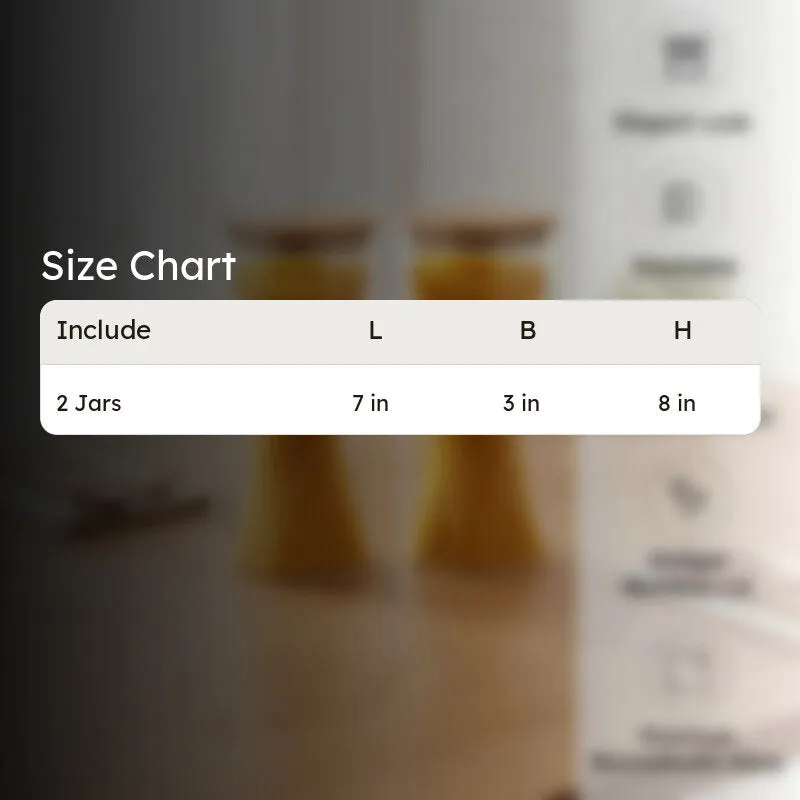Two glass jars with bamboo lids shown in a size chart