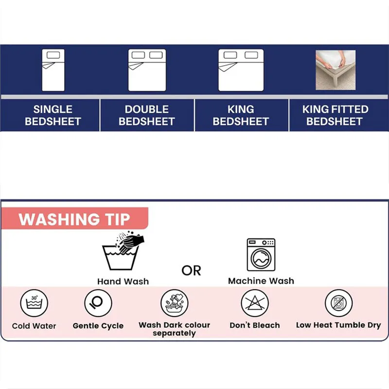 Bedsheet care and size information graphic