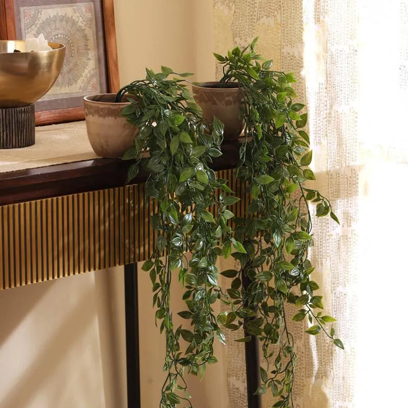 Artificial Leafy Green Hanging Plant With Black Plastic Pot (Set Of Two) - 3 Feet media 1