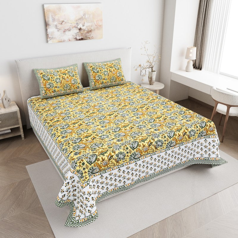 BlossomAura Cotton Bedsheet (Yellow) - 144 TC