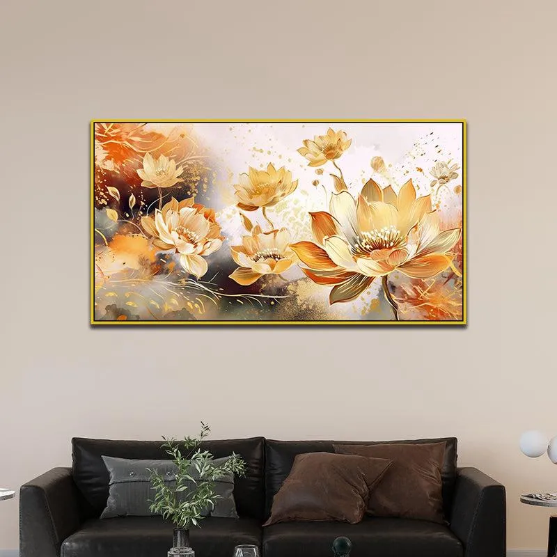 Celestial Water Lilies Floral Canvas Wall Painting With Frame - Gold media 1