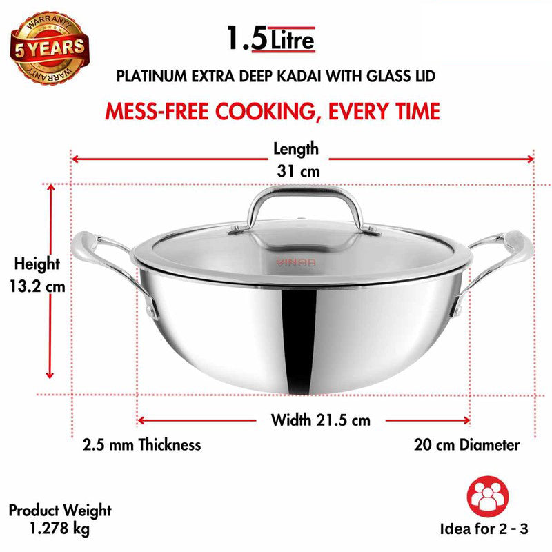 Vinod Orren Stainless Steel Kadhai With Lid- 1800 mL/12 Inches media 9