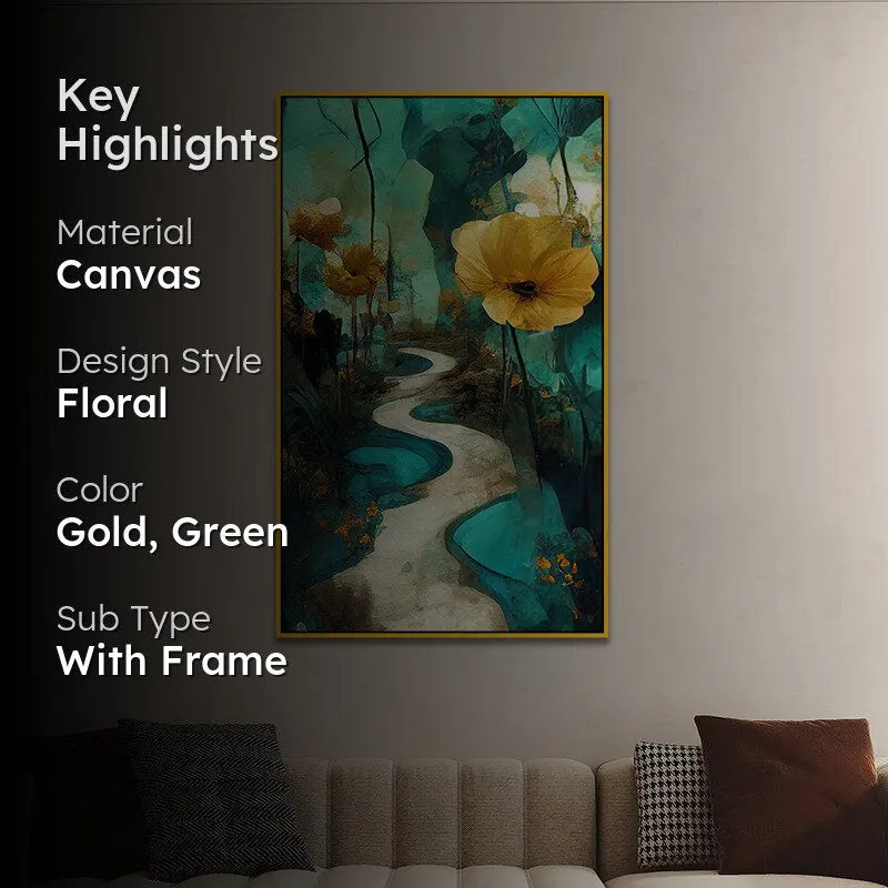 Winding Petal Path Floral Canvas Wall Painting With Frame - Gold media 2