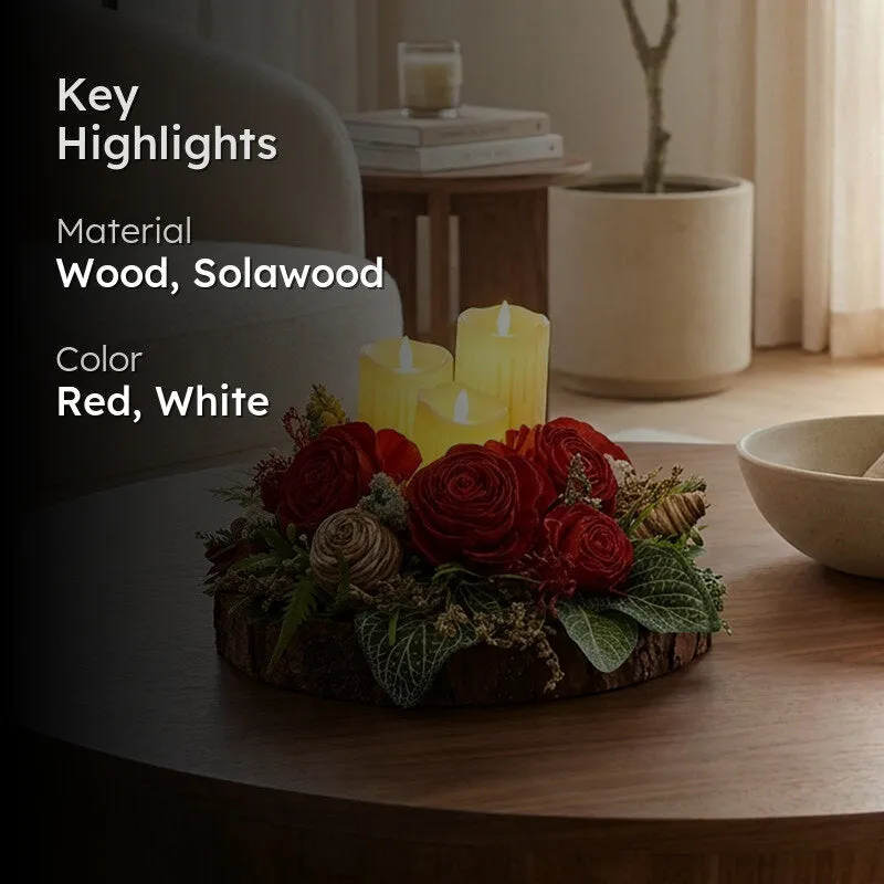 Highlight image showing the floral candle tray with red flowers and ivory candles