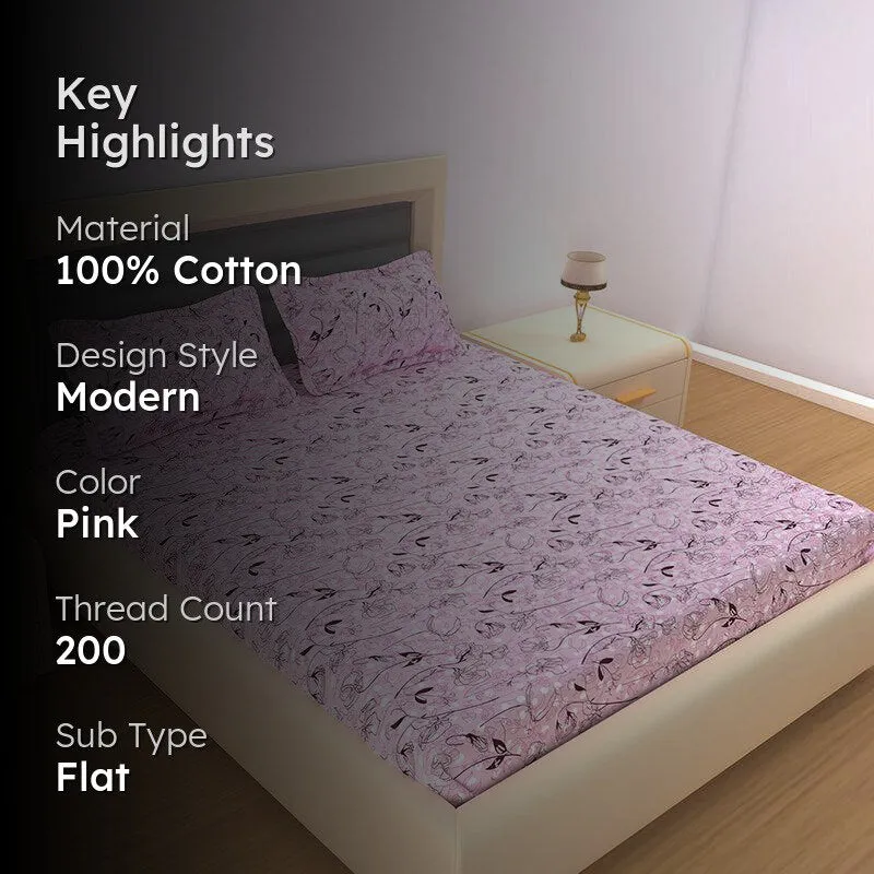 Bloom In Vine Floral Cotton Bedsheet (Pink) - 200 TC media 2