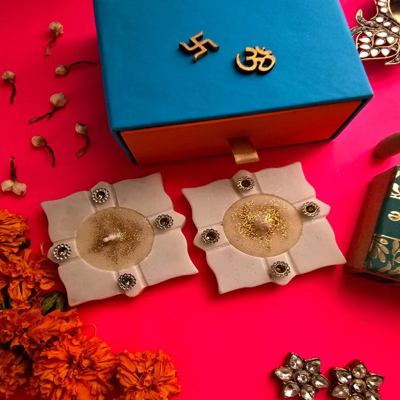 Auspicious Shine Tea Light Set (Off White) - Set Of Two media 1