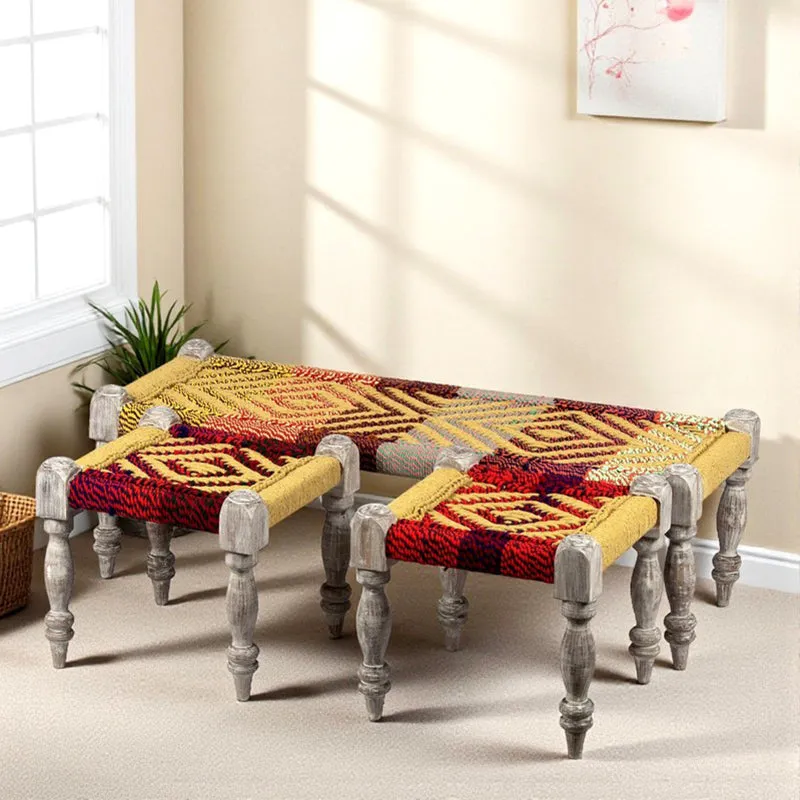 Cavon Sheesham Wooden Bench with Stools (Multicolor) - Three Piece Set media 1