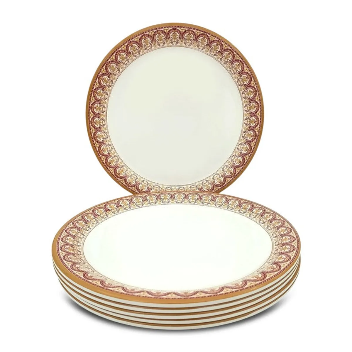 One upright and several stacked white quarter plates with ornate decorative borders