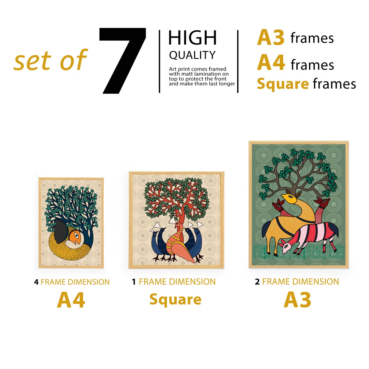 Three framed art prints in different sizes shown on a white background.