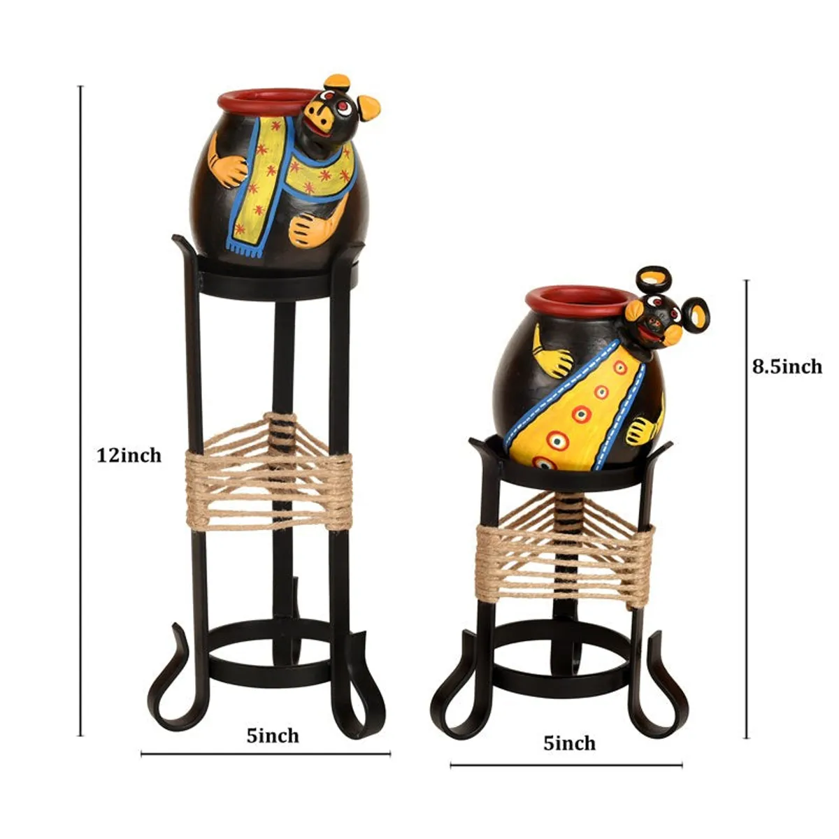 Set of two asymmetrical vases with stands shown with size markings