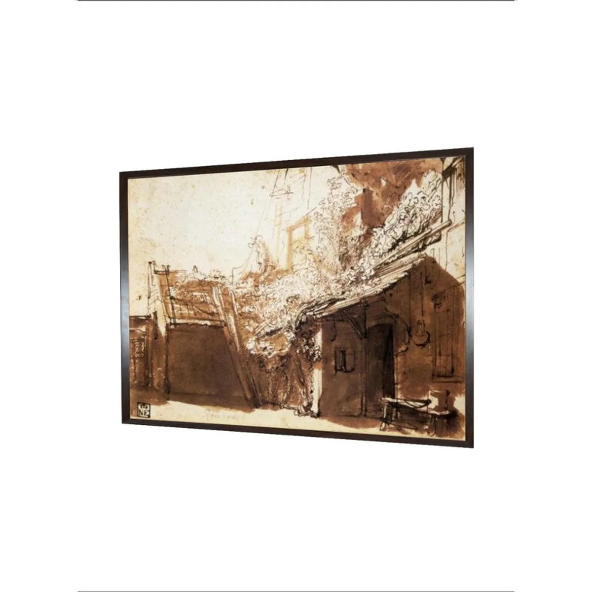 Angled view of framed sepia-toned rustic house artwork