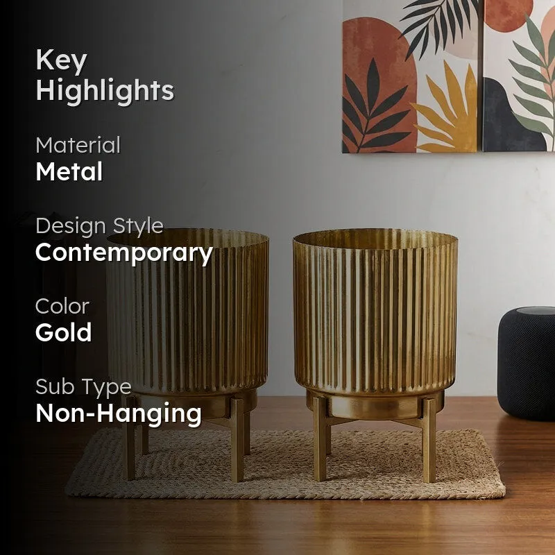 Royale Golden Metal Fluted Planter - Set Of Two media 2