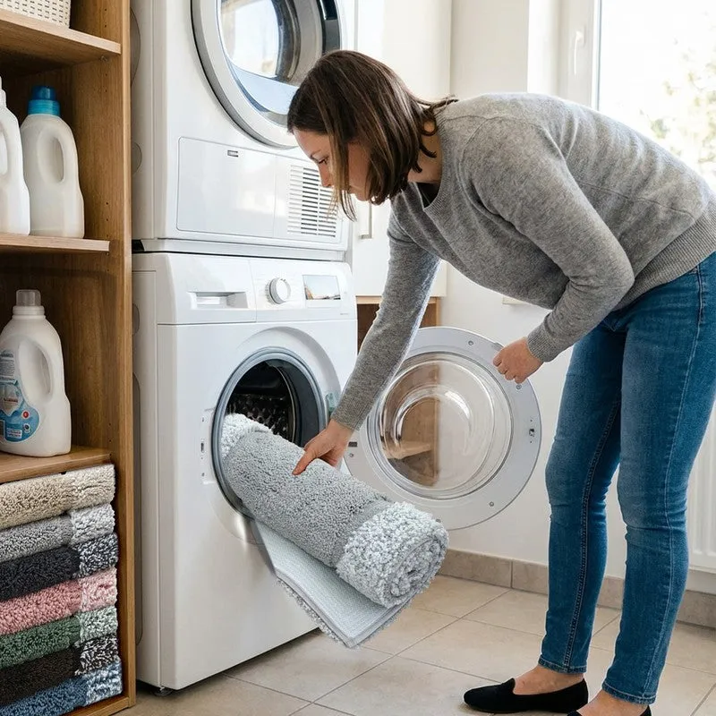 Rolled grey runner rug being placed into a washing machine
