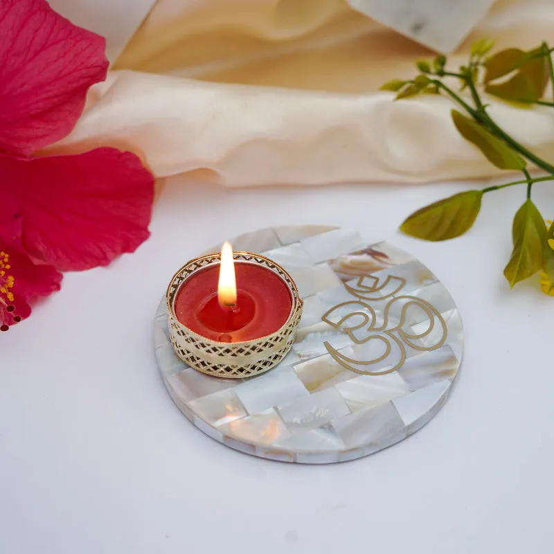 Om Mother Of Pearl Tealight Candle Holder With Marble Base media 4