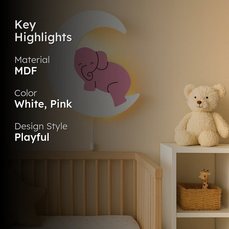 Moon Hug Elephant Battery Operated MDF Wall Lamp - Pink media 2
