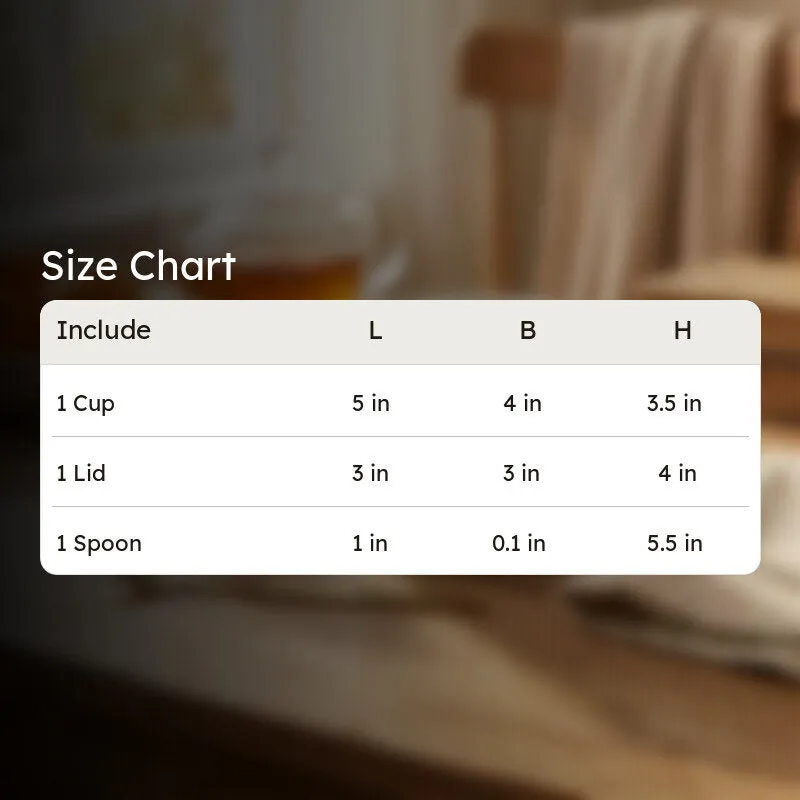 Size chart graphic for the mug, lid and spoon