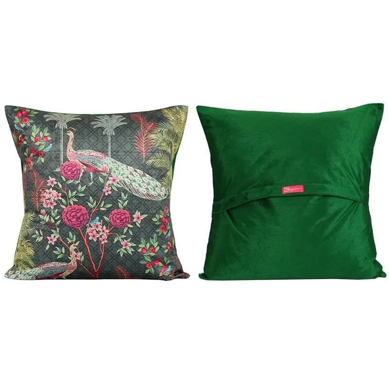 India Circus Peacock & Pine Printed Velvet Cushion Cover - Set Of Five media 4