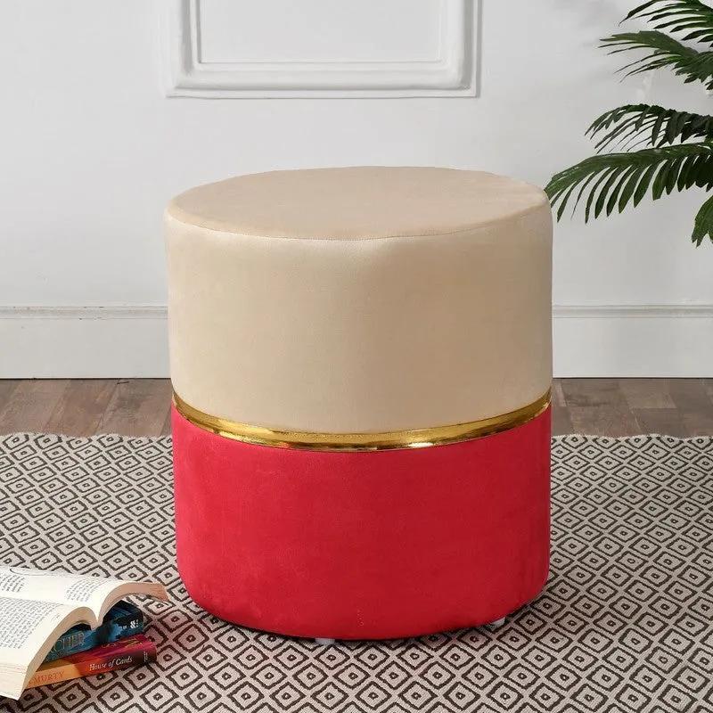 Dualtone Solid Velvet Pouffe - Beige & Red media 1