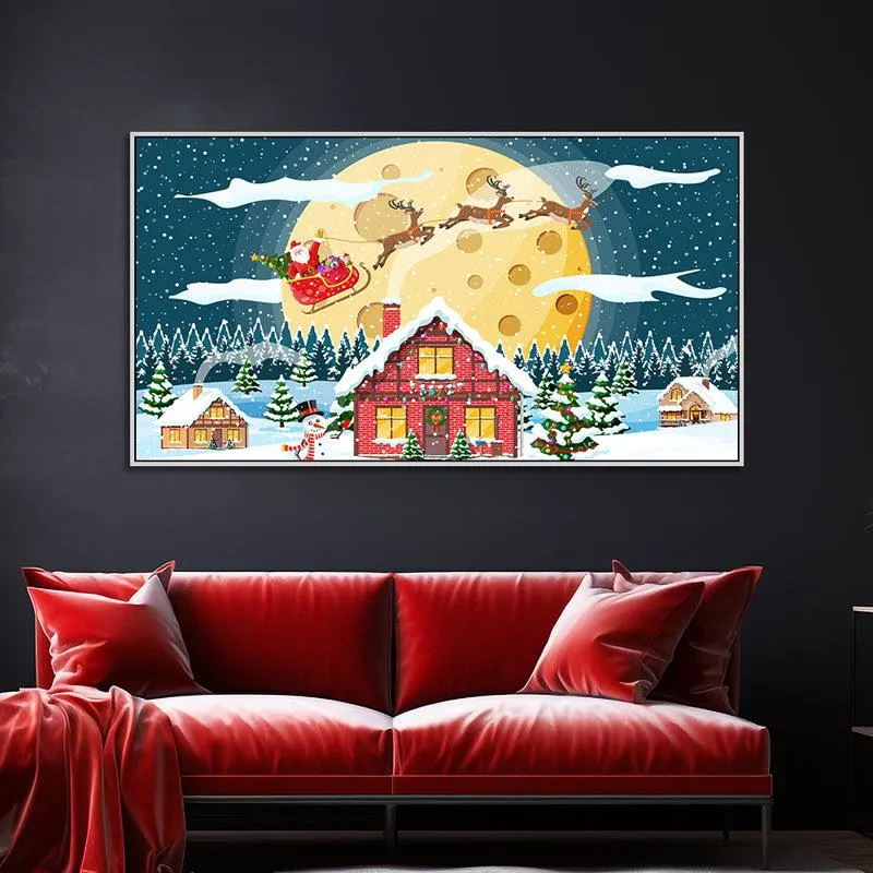 Winter Cottage At Night Landscape Canvas Wall Painting With Frame - White media 1